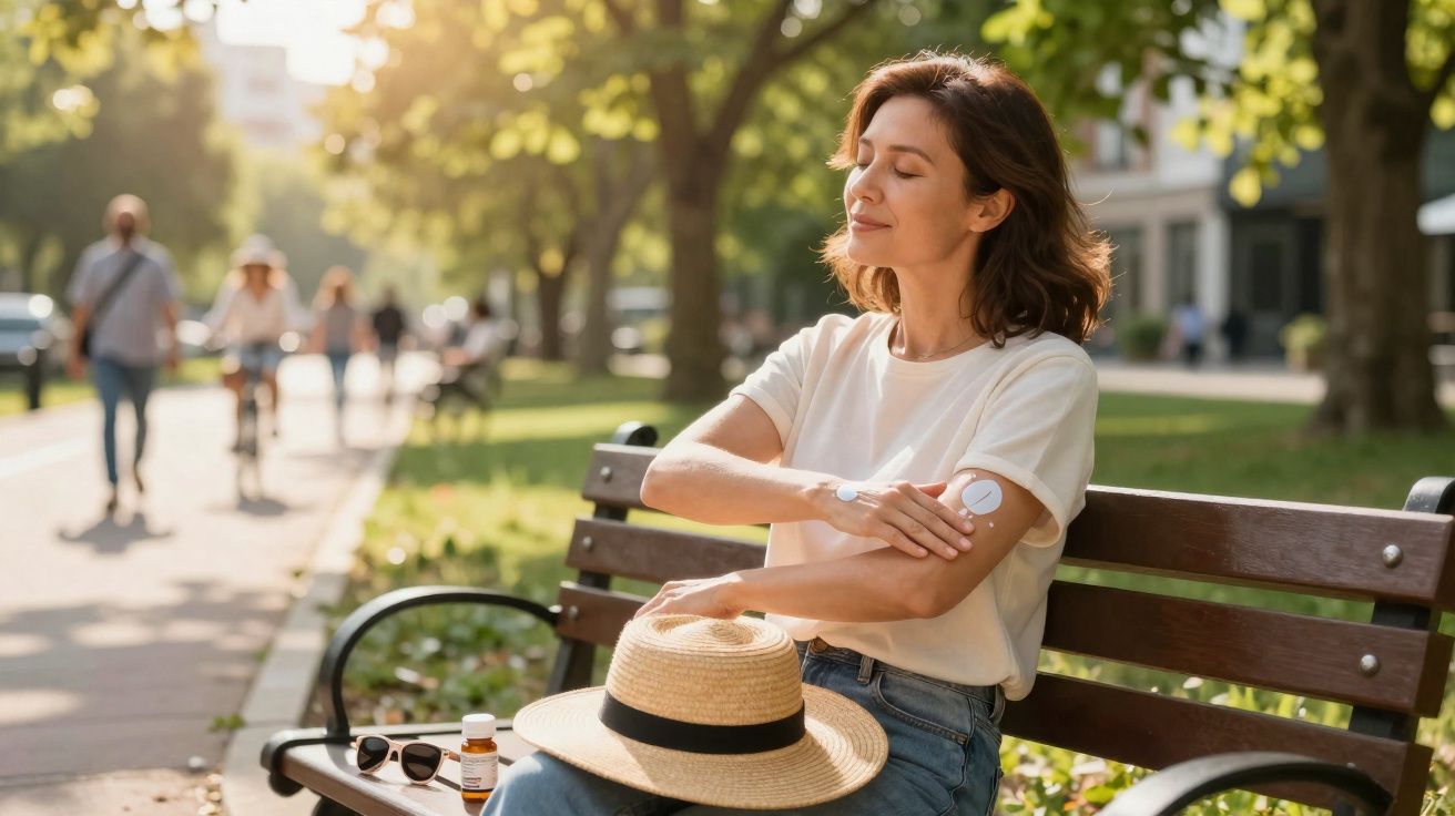 Woman sitting on park bench in sunlight applying sunscreen to her arm, with hat and sunglasses nearby.