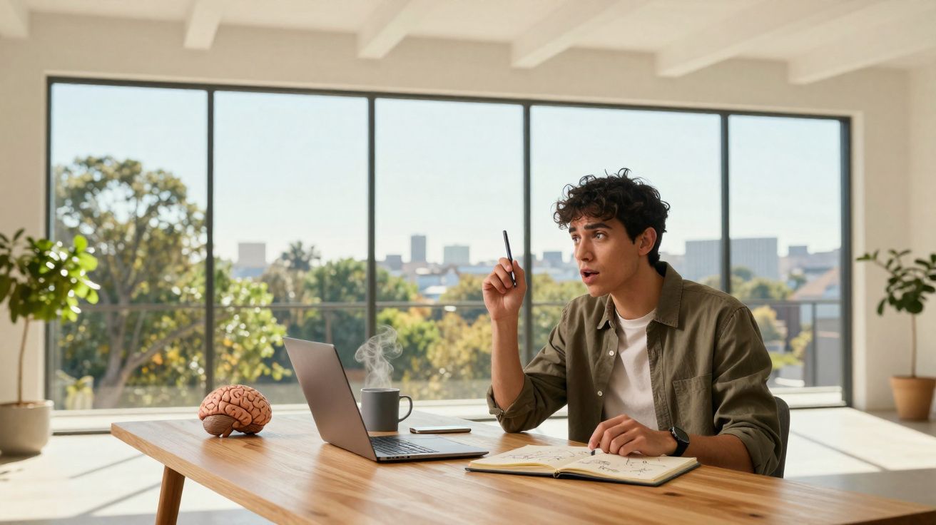 Young man with notebook and laptop, holding pen, thinking in bright room with large window and plants.