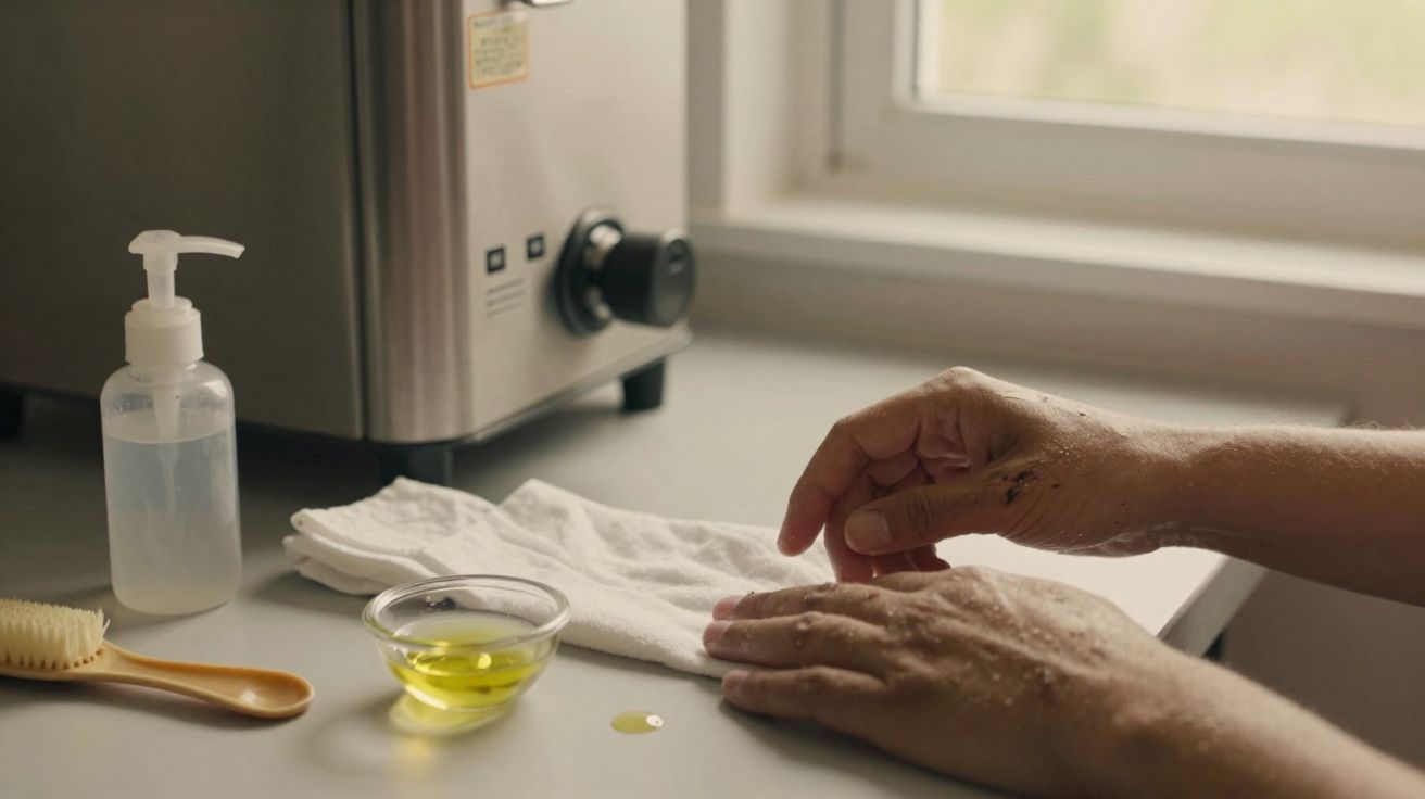 Hands applying oil treatment with a small bowl of oil, a brush, and a bottle of liquid soap on a kitchen counter.