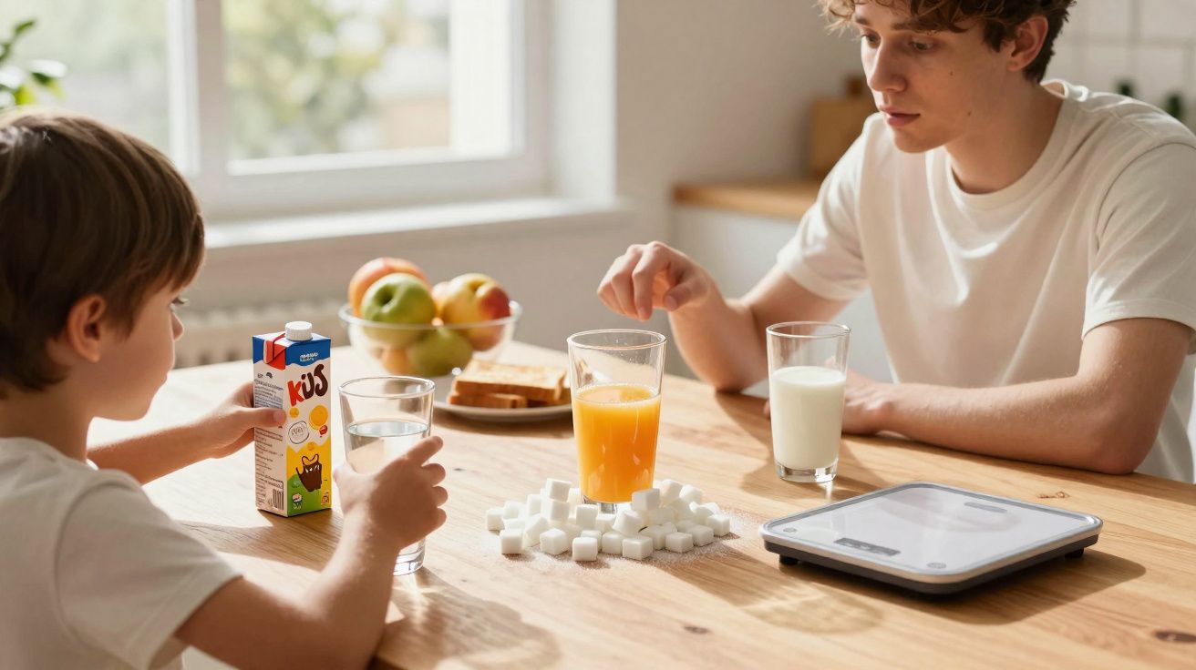 Two boys sit at a table with drinks and sugar cubes, one dropping a cube into a glass of orange juice.
