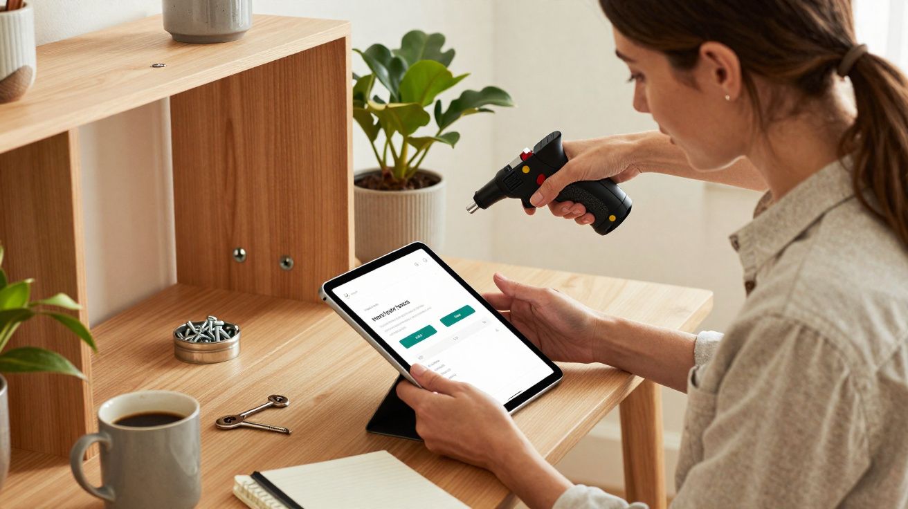 Person assembling wooden furniture using a cordless screwdriver while viewing instructions on a tablet.