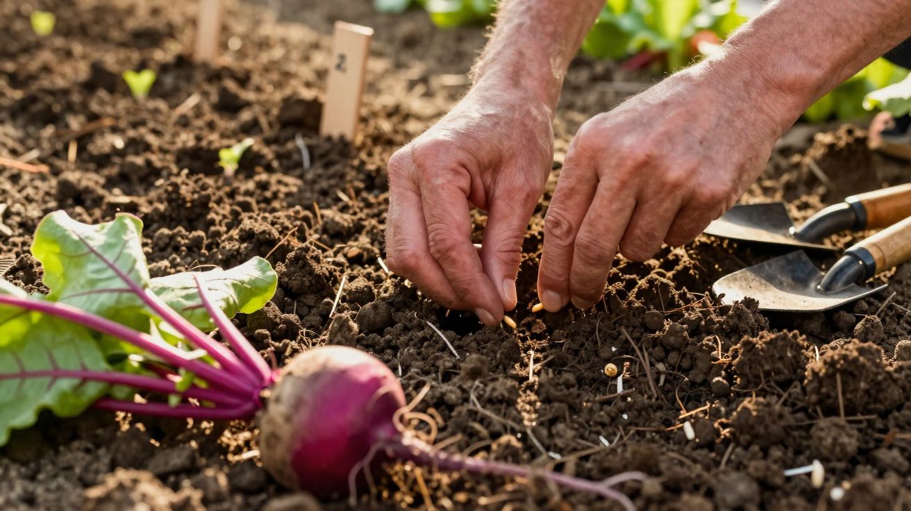 Hands planting seeds in soil with gardening tools and a beetroot on the ground nearby.