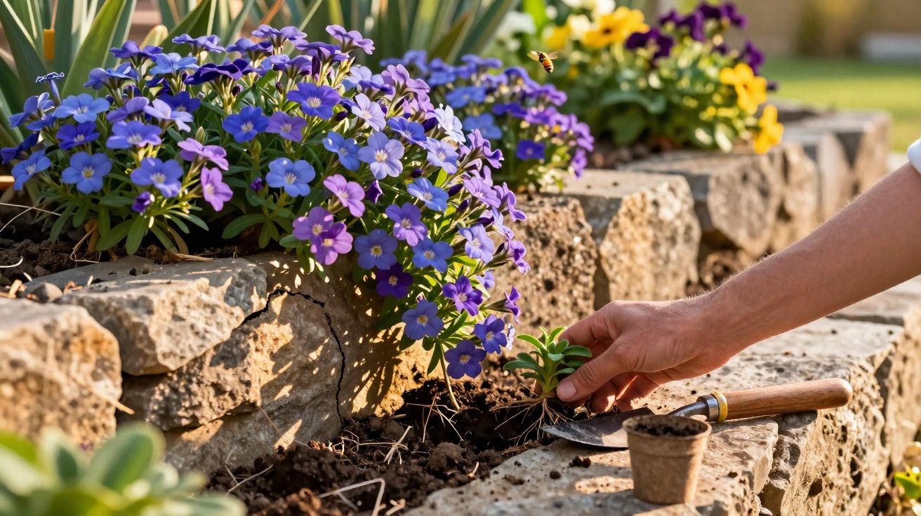 Hand planting a small plant in a stone garden bed with purple and yellow flowers in sunlight.