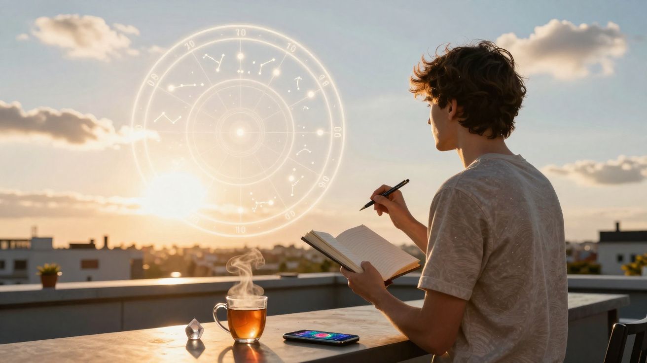 Young man writing in a notebook on a rooftop at sunset with astrological chart and smartphone nearby.