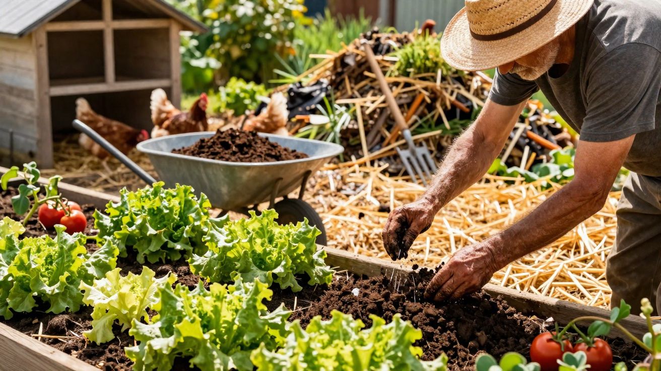 Man wearing a straw hat gardening in a raised bed with lettuce and tomatoes near a chicken coop and wheelbarrow.