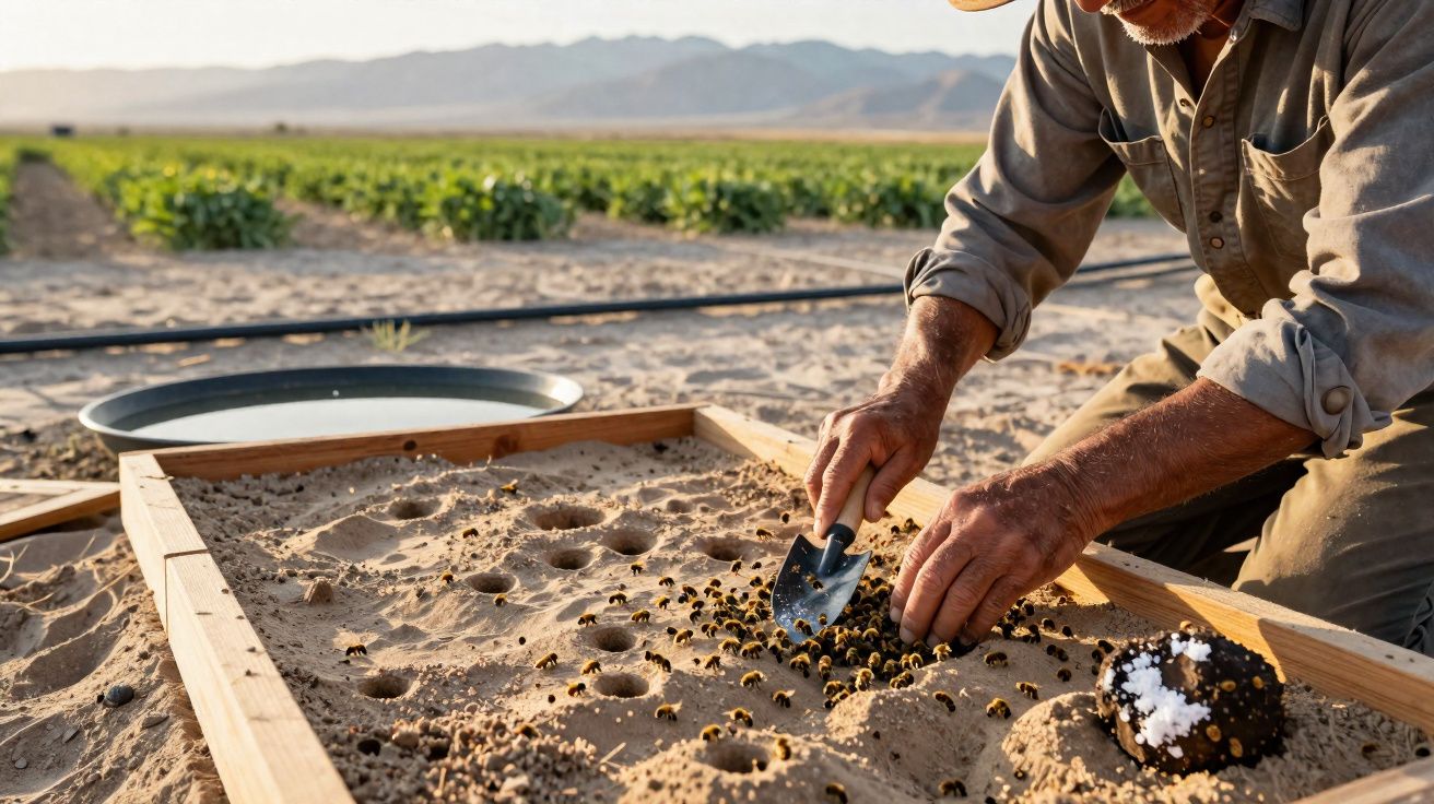 Person planting seeds in sandy soil using a small trowel in a framed garden bed with plants in the background.