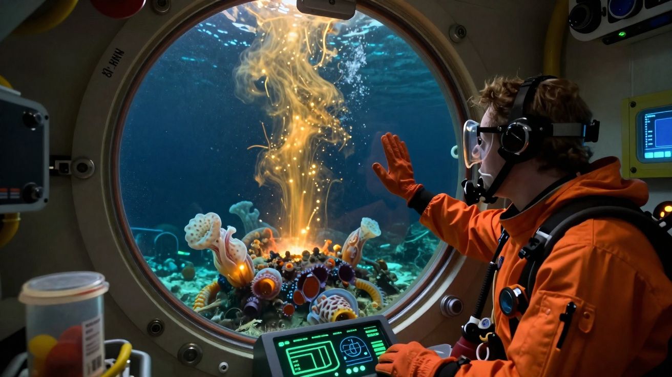 Person in orange suit explores glowing underwater coral through a submarine porthole window.