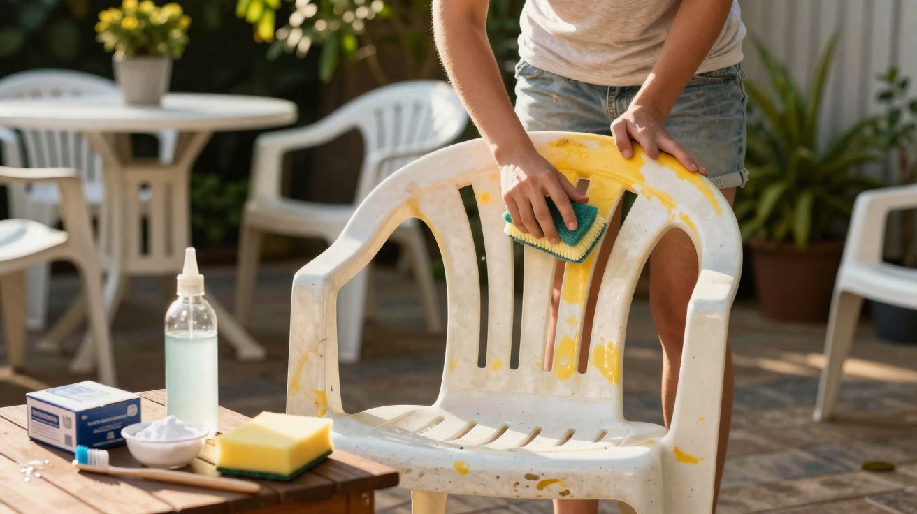Person scrubbing a stained white plastic garden chair with a sponge outdoors on a sunny day.