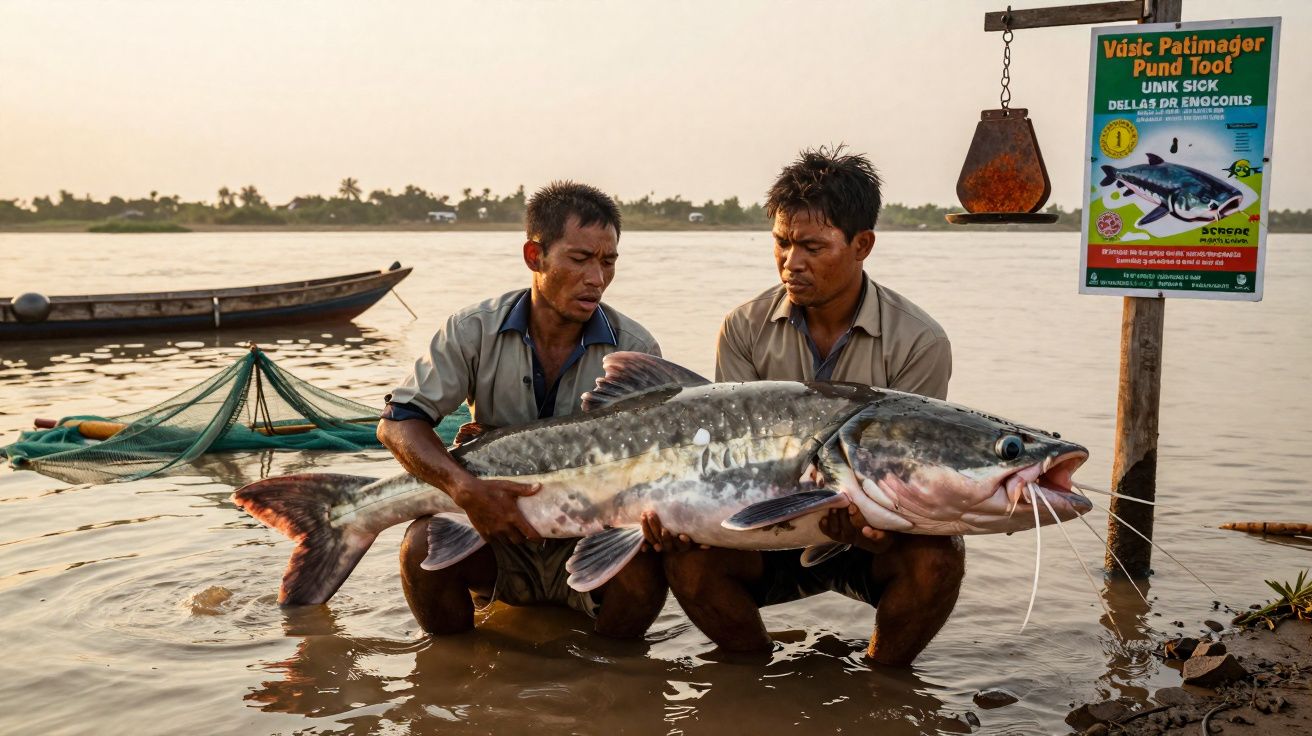 Two men kneeling in shallow water holding a large catfish with a fishing net and boat nearby at sunset.