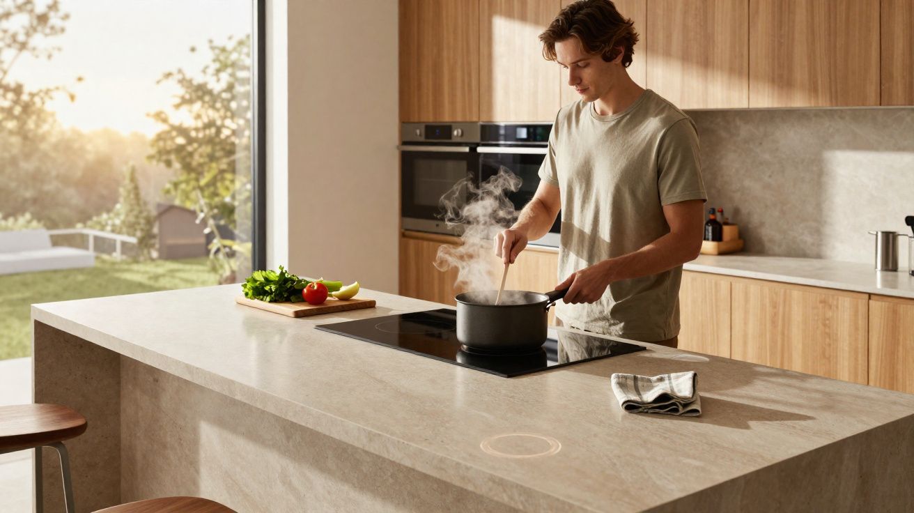 Young man stirring a steaming pot on an induction stove in a modern kitchen with natural light.