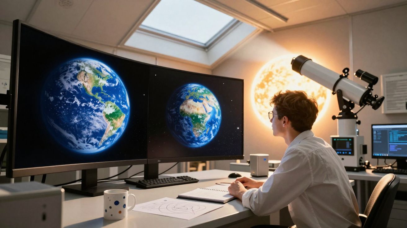 Scientist observing Earth images on dual monitors in a lab with a telescope and sun model in the background.