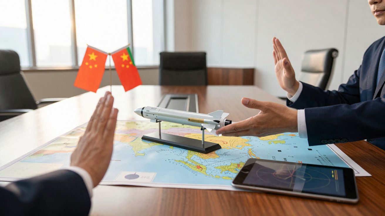 Two people in suits making stop gestures over a space shuttle model on a map with Chinese flags in background.
