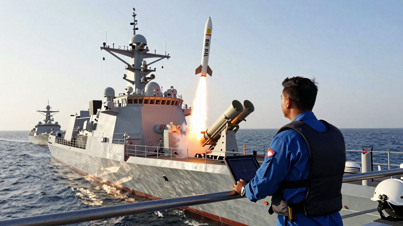 Naval warship firing a missile at sea with a crew member monitoring the launch from nearby.
