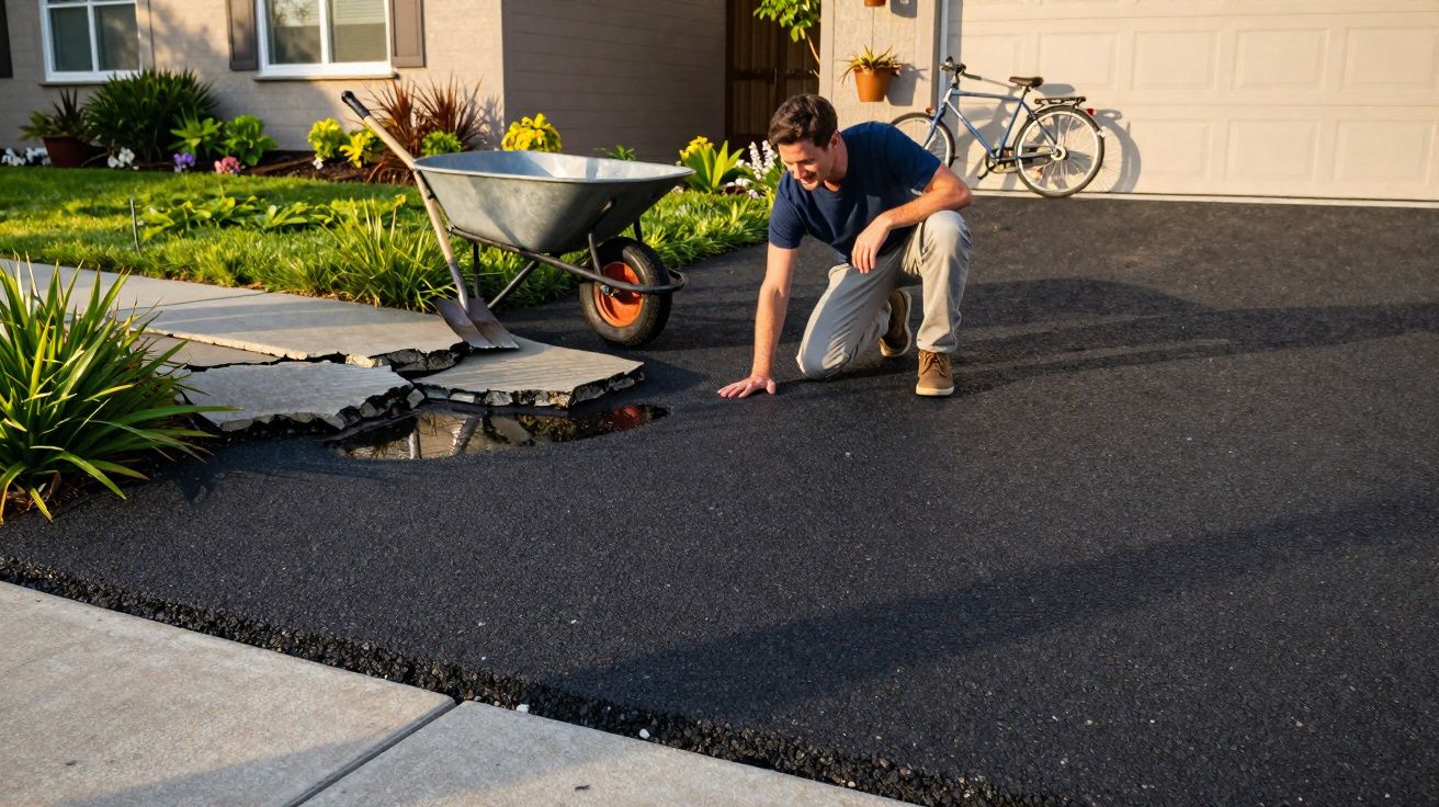 Man inspecting a sinking driveway with a broken, sunken concrete slab and a wheelbarrow nearby.
