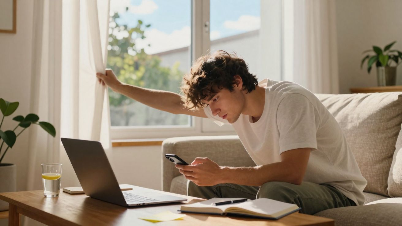 Young man opening curtain and looking at phone while sitting on sofa with laptop and notebook on table