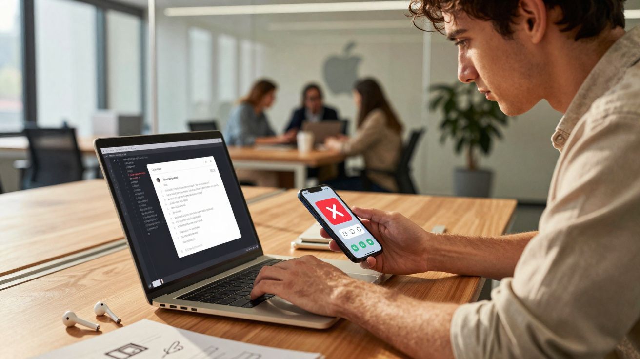 Man in office checking phone with red cross while working on laptop with team meeting in background.