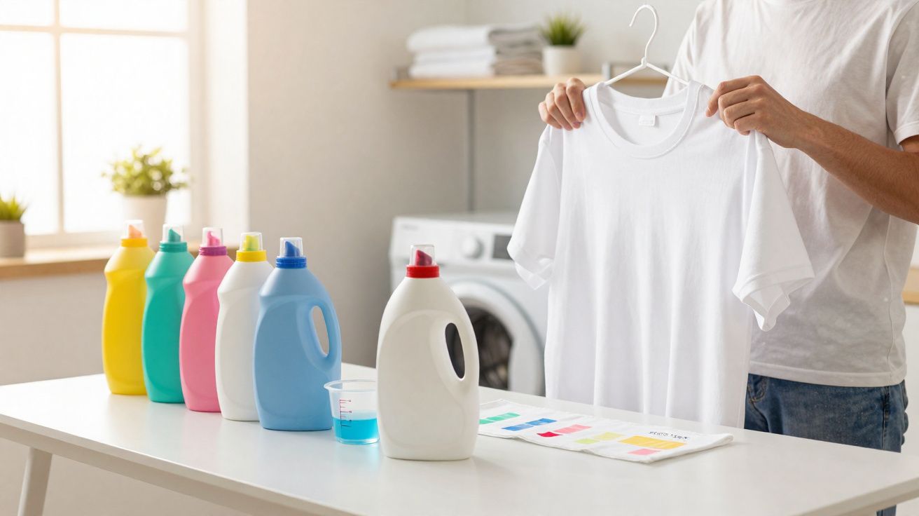 Person holding a white t-shirt on a hanger with various colourful detergent bottles on a table.