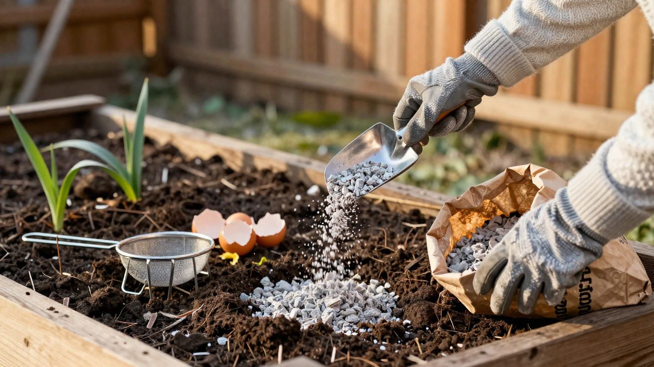 Person wearing gloves spreading fertiliser granules into soil in a wooden garden bed with plants and eggshells.