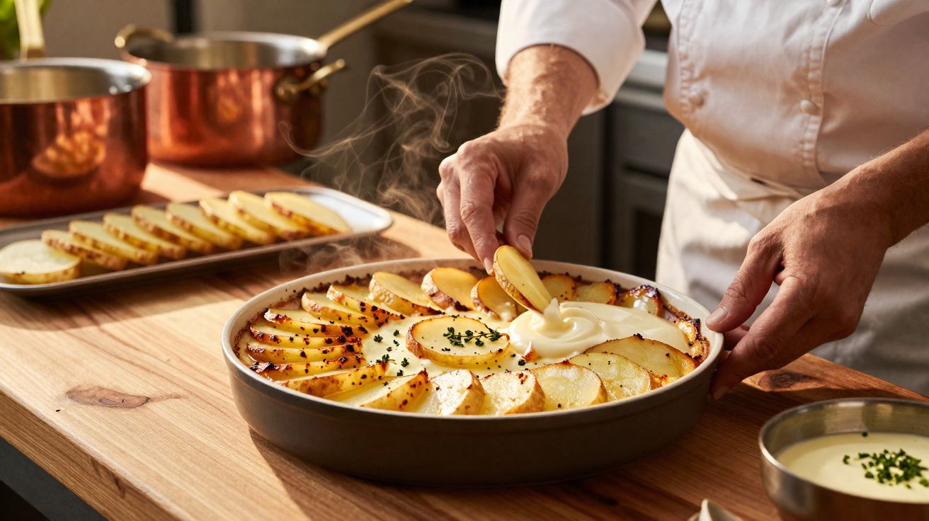 Chef arranging sliced baked potatoes with cream and herbs in a round dish on a wooden table.