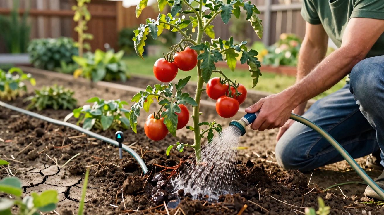 Person watering ripe red tomatoes growing in a garden with a hose during daytime.