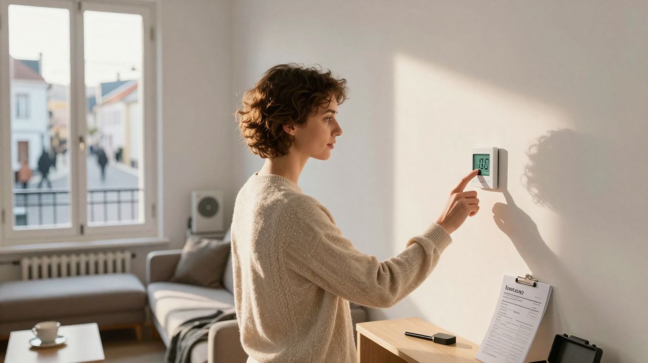 Woman adjusting a digital thermostat on a wall in a sunlit living room with a sofa and window in the background