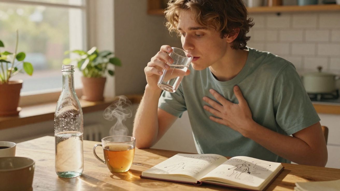 Young man drinking water at a kitchen table with an open anatomy book and steaming cup of tea nearby