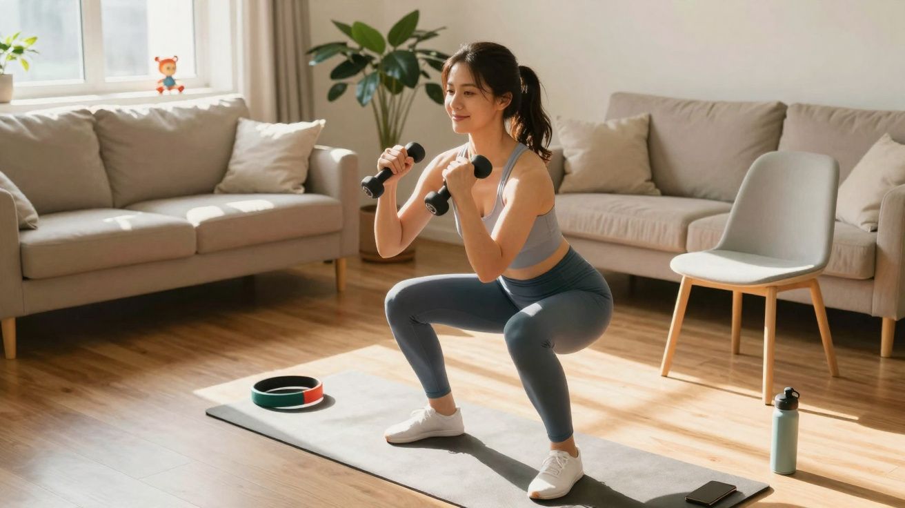 Woman in sportswear exercising with dumbbells on a yoga mat in a bright living room.