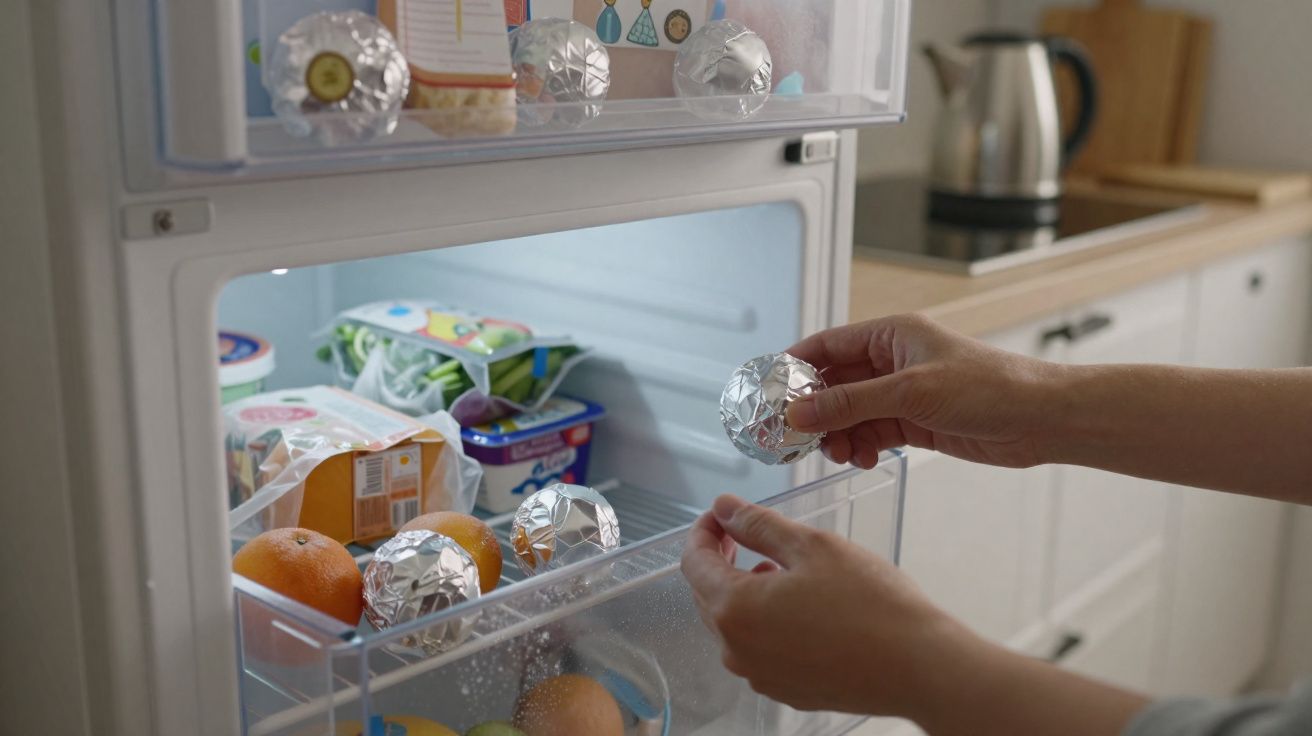 Person placing a foil-wrapped item inside the fridge door compartment with fruits and dairy products nearby.