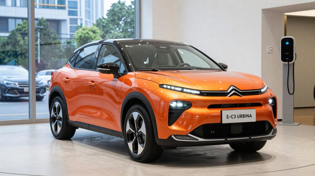 Orange Citroën E-C3 Urbina electric car displayed indoors next to a charging station.