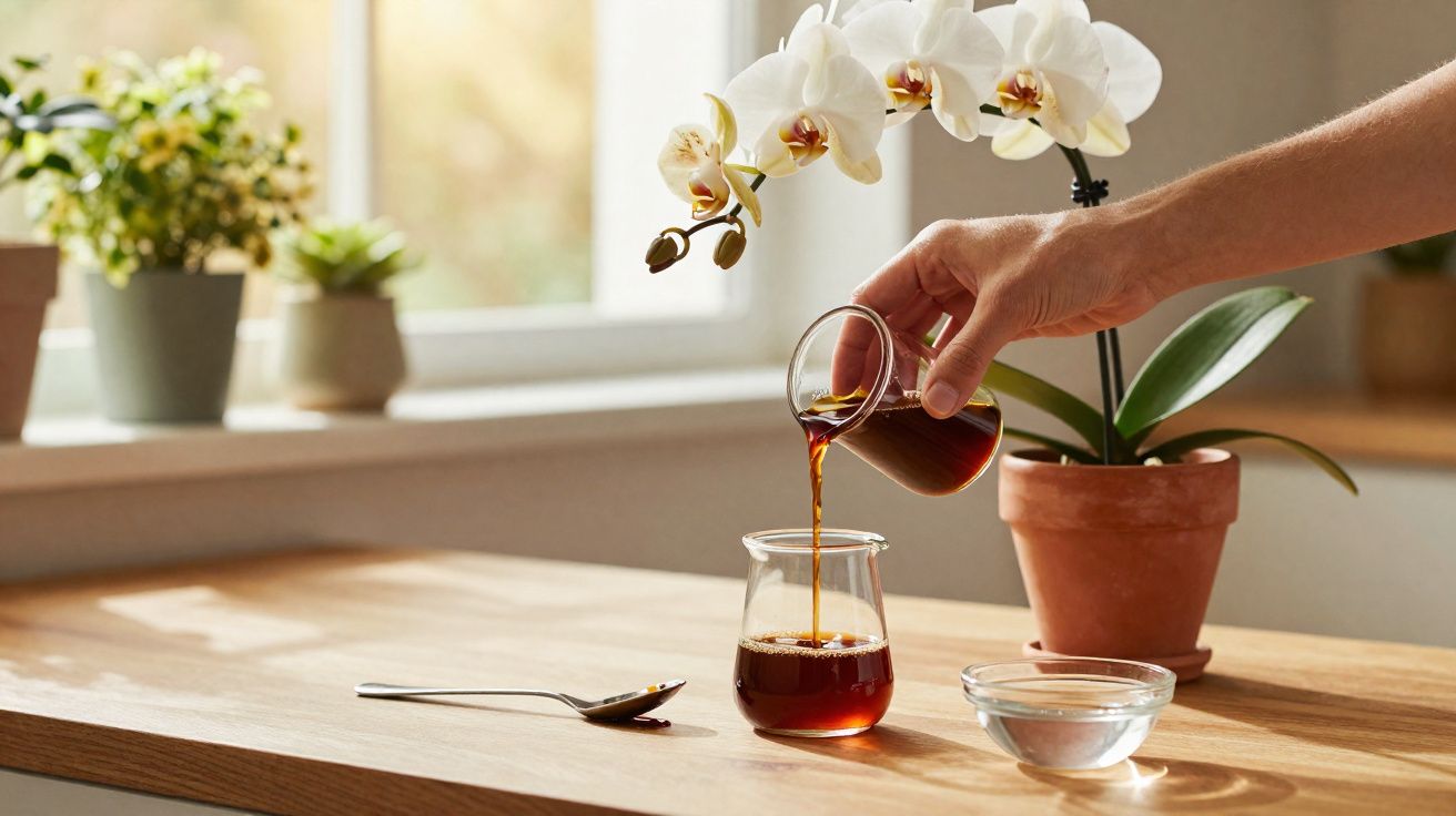 Hand pouring black coffee from a small glass jug into a glass on a wooden table next to an orchid plant.
