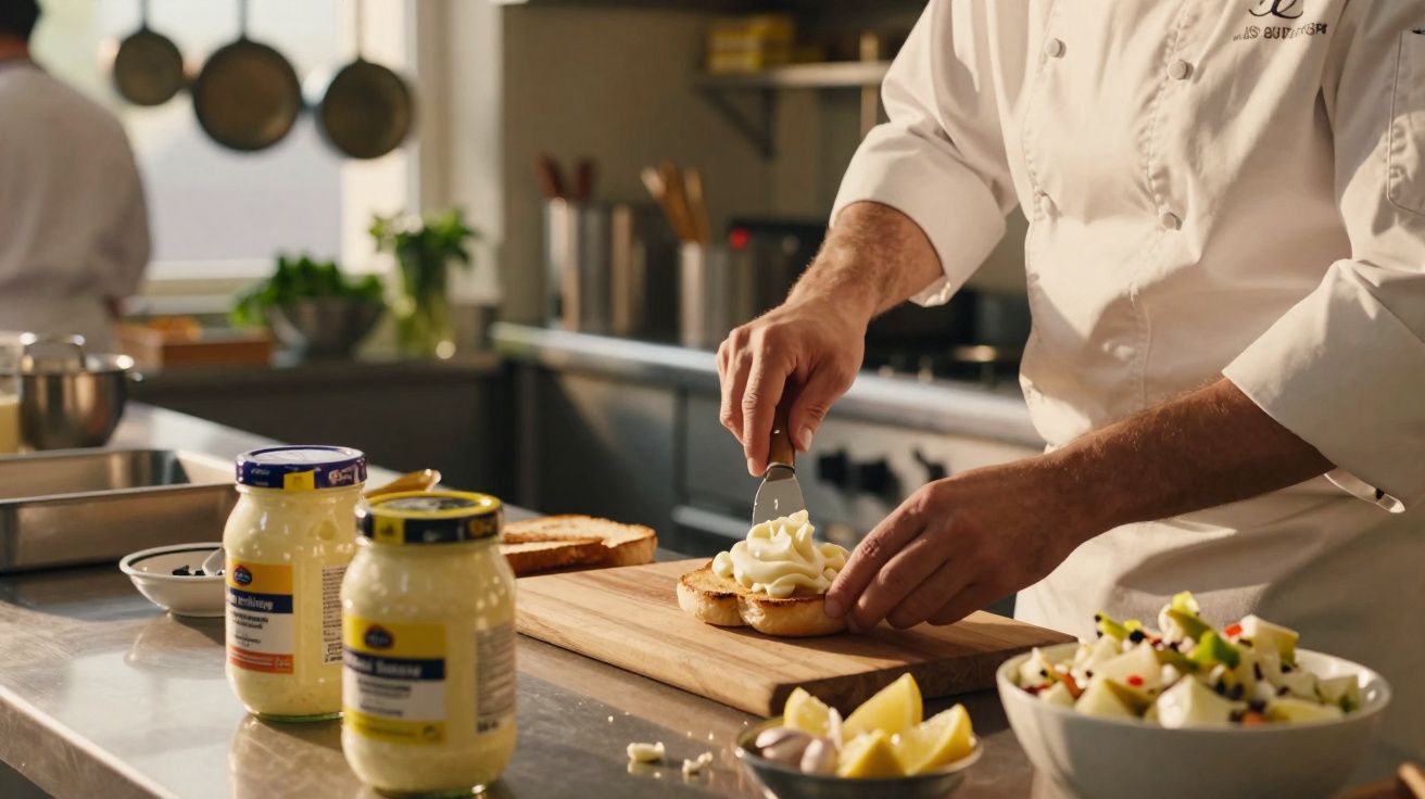 Chef in white coat spreading creamy topping on bagel in a modern kitchen with jars and salad nearby