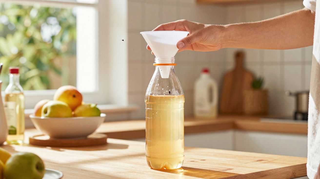 Hand pouring liquid through a funnel into a clear plastic bottle in a bright kitchen.