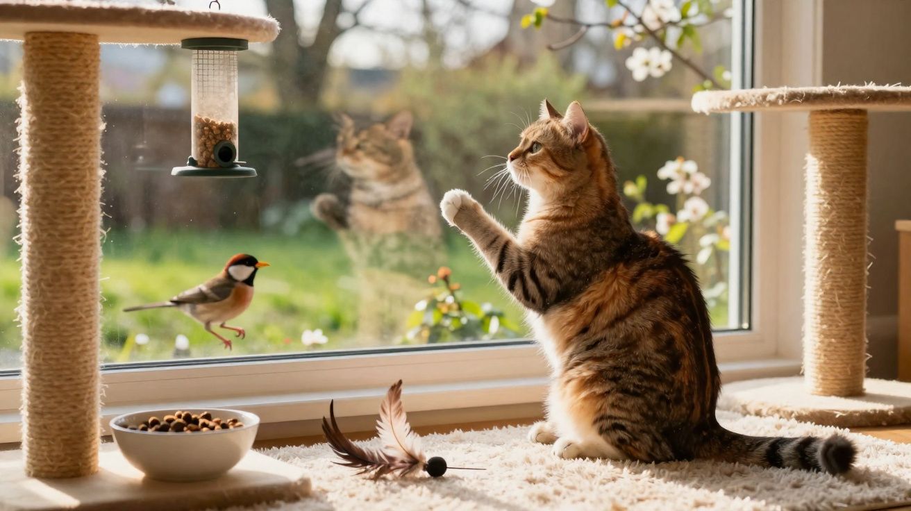 Tabby cat sitting on carpet by window, paw raised, watching a small bird near a bird feeder outside.
