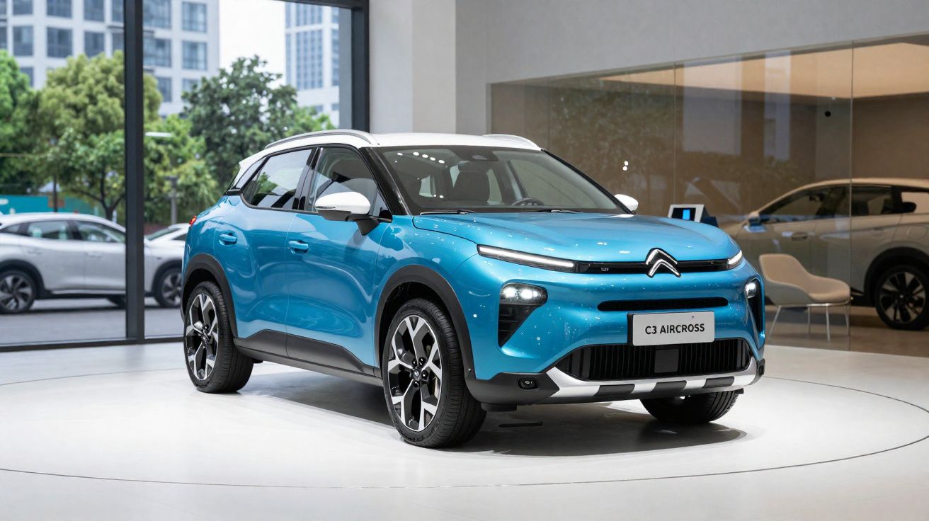 Blue Citroën C3 Aircross SUV on display inside a showroom with large windows and other vehicles visible outside.