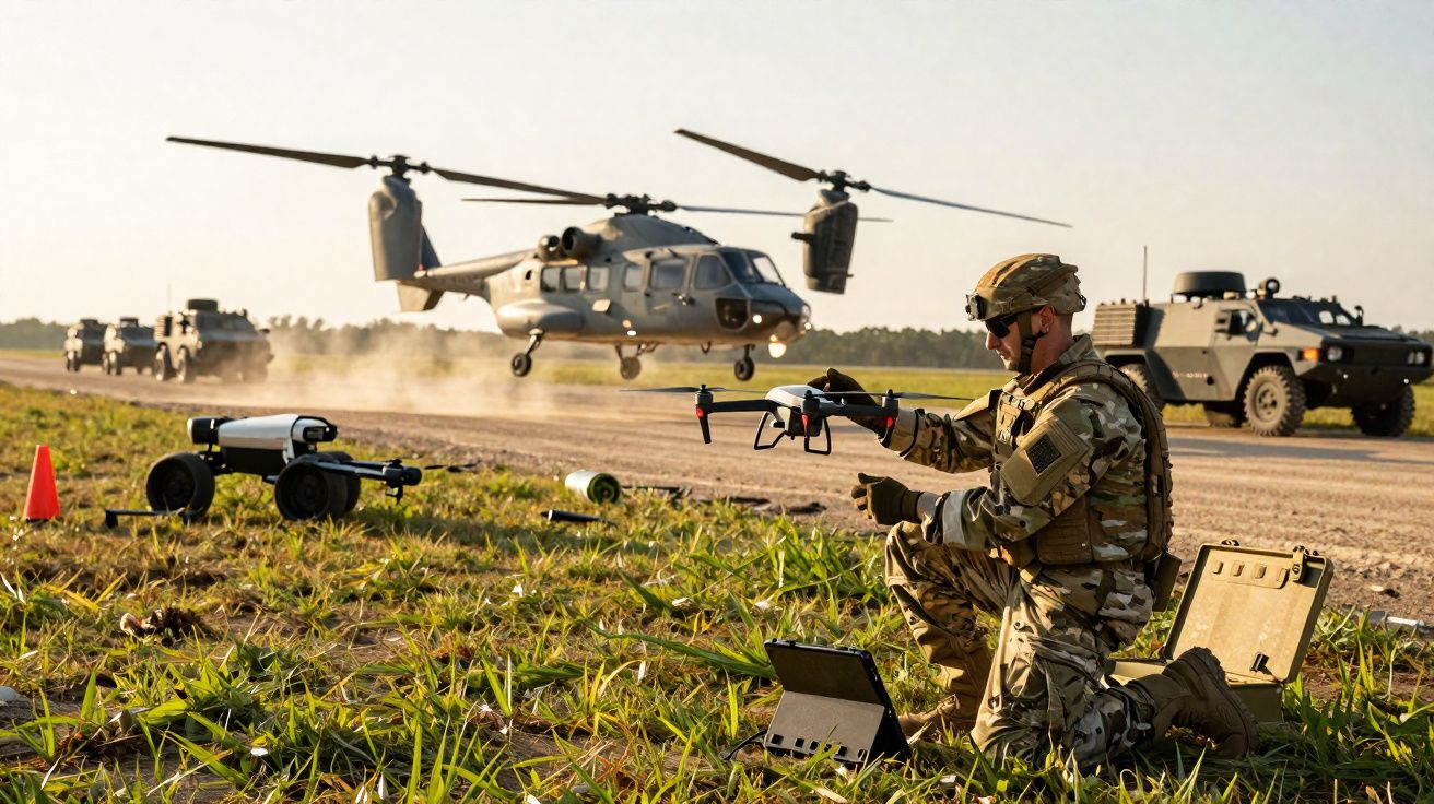 A soldier in camouflage operates a drone on the ground with military vehicles and a helicopter in the background.