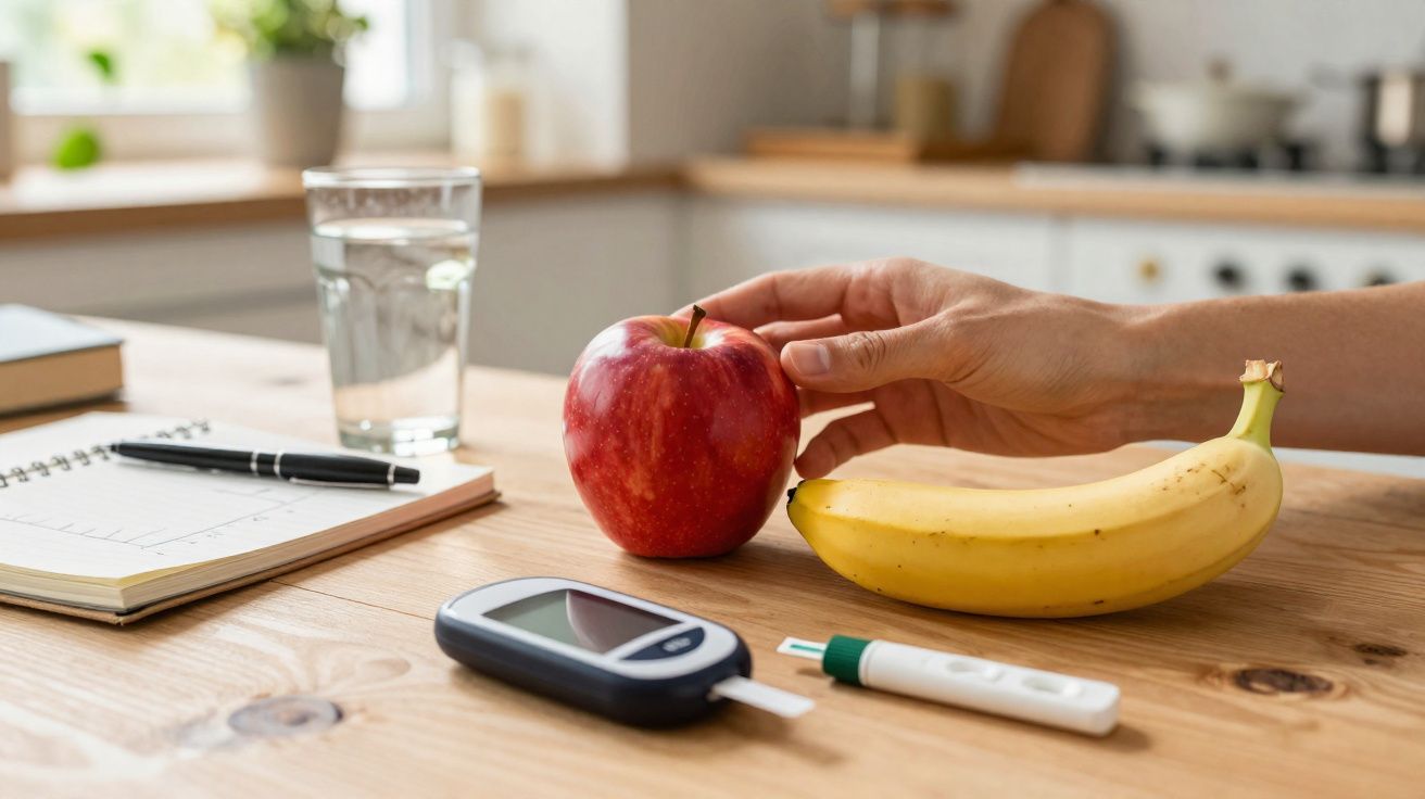 Hand reaching for a red apple beside a banana, glucose monitor, and water glass on kitchen table.