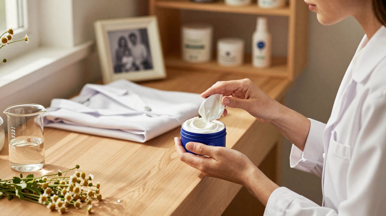 Person in white coat scooping cream from a blue jar on a wooden table with flowers and a glass of water nearby.