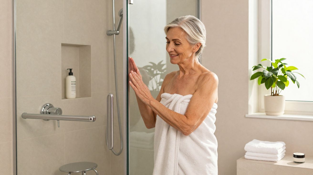 Senior woman wrapped in towel opening glass shower door in bright modern bathroom