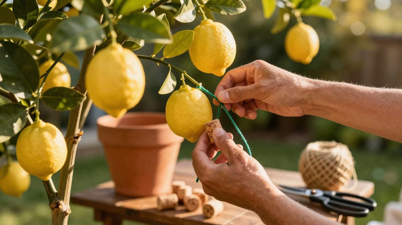 Hands tying a cork to a lemon on a tree branch with gardening tools and pots in the background outdoors.