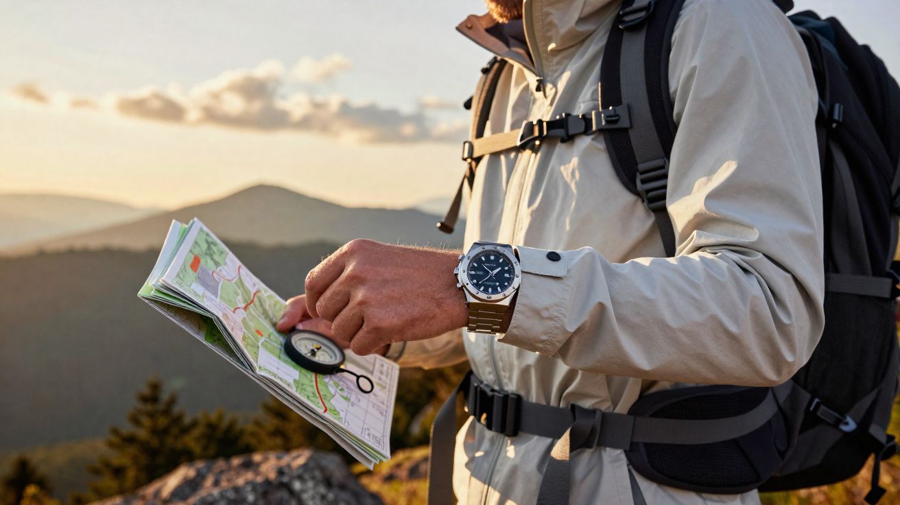 Person in hiking gear holding a map and compass with mountains in the background at sunset.