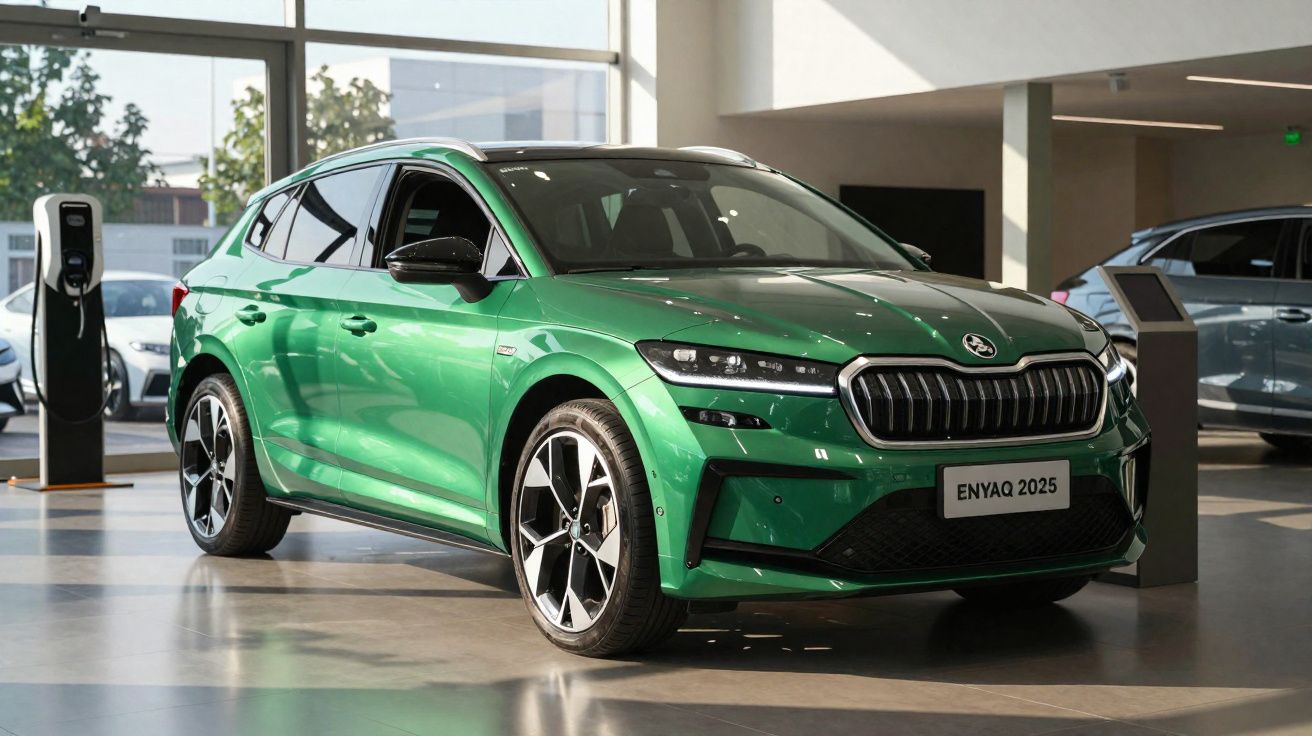 Green Škoda Enyaq 2025 electric SUV parked indoors near a charging station in a showroom.
