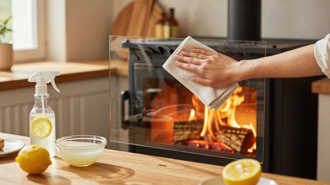 Hand wiping glass door of a wood-burning stove with a cloth, lemon and cleaning spray on table nearby.