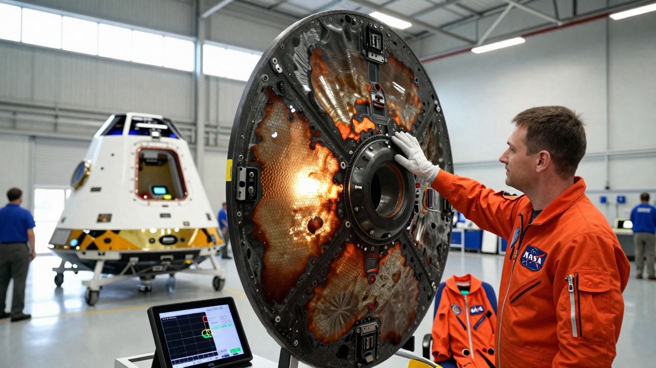 NASA engineer in orange suit examines spacecraft heat shield with laptop in a large hangar with space capsule in background