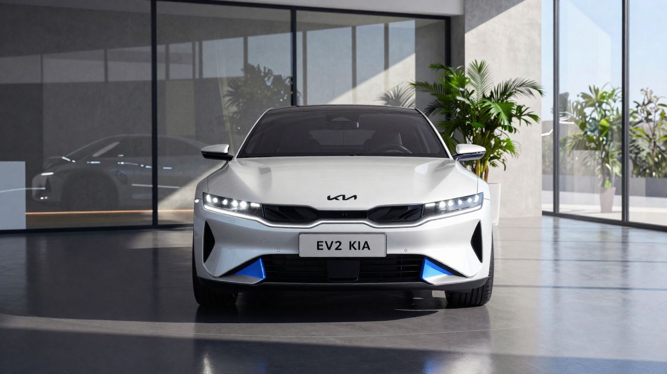 Front view of a white Kia EV2 electric car inside a modern showroom with glass walls and potted plants.