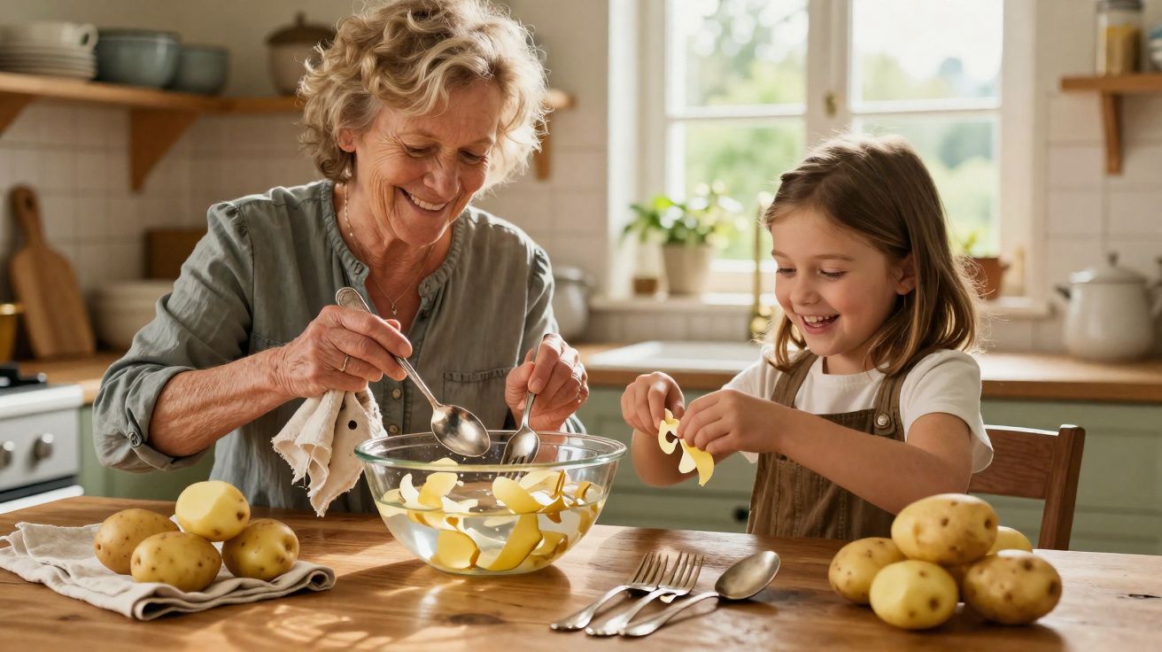 Older woman and young girl peeling potatoes together in a bright kitchen during daytime.