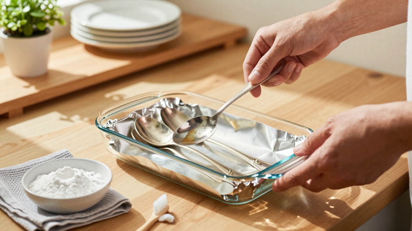 Hands cleaning spoons in a glass dish lined with foil on a wooden countertop with baking soda nearby.
