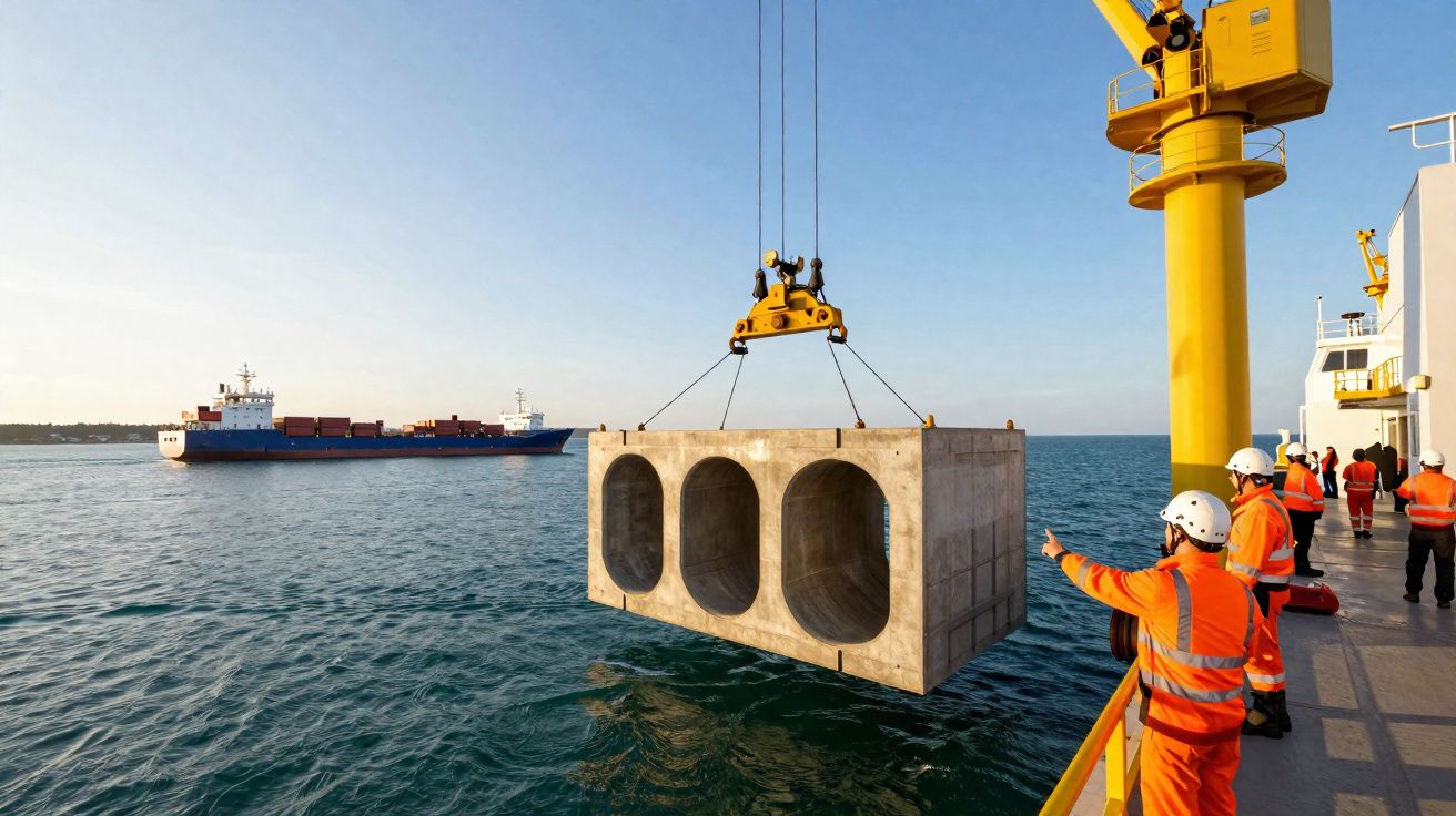 Workers in safety gear guide a large concrete structure suspended by crane over the sea near a cargo ship.