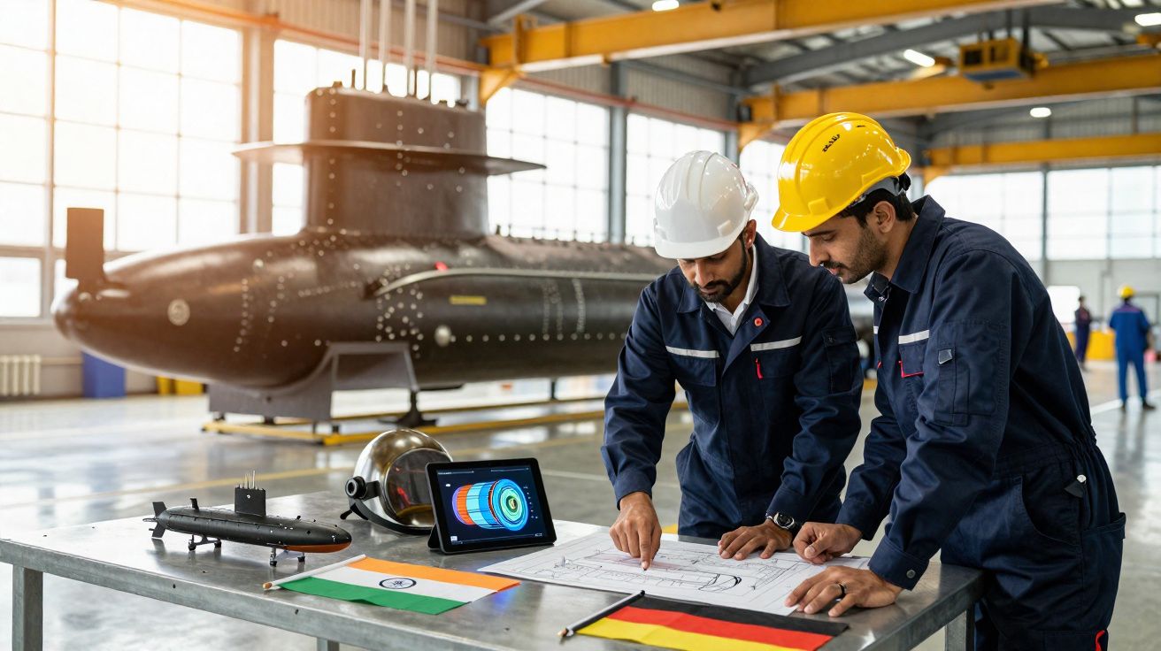 Two engineers in helmets reviewing submarine blueprints in a workshop with a large submarine model behind them.