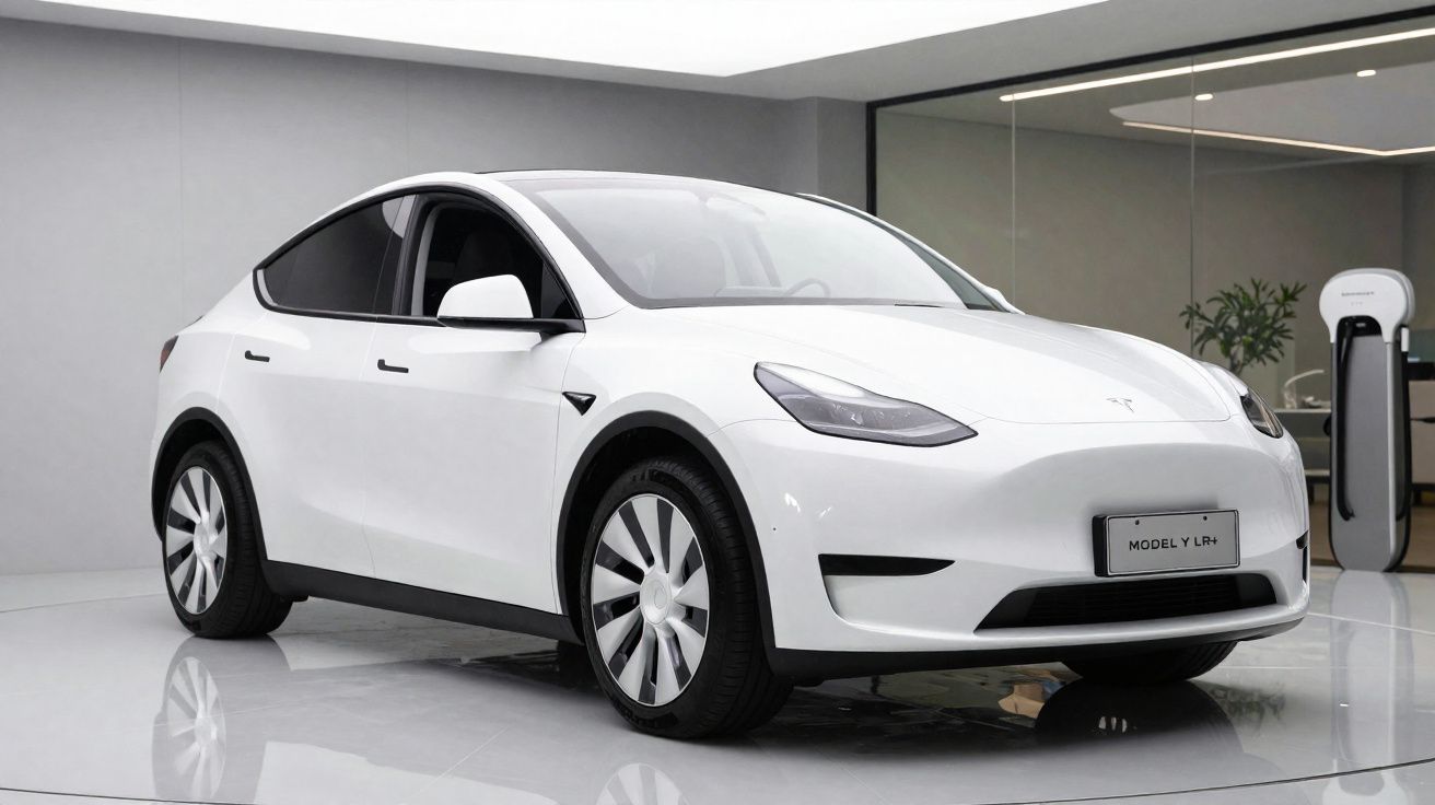 White Tesla Model Y electric car displayed indoors with charging station in the background.