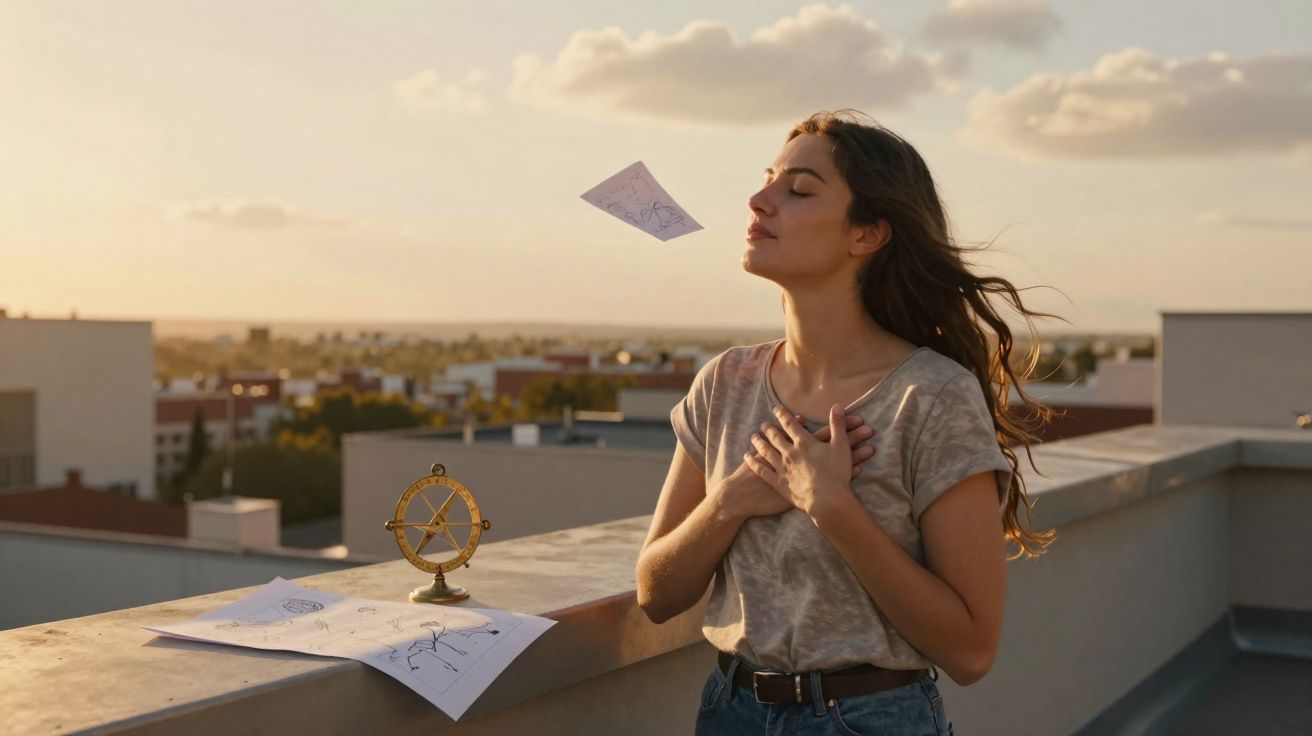 Young woman standing on rooftop with eyes closed and hands on chest, papers and astrolabe nearby at sunset